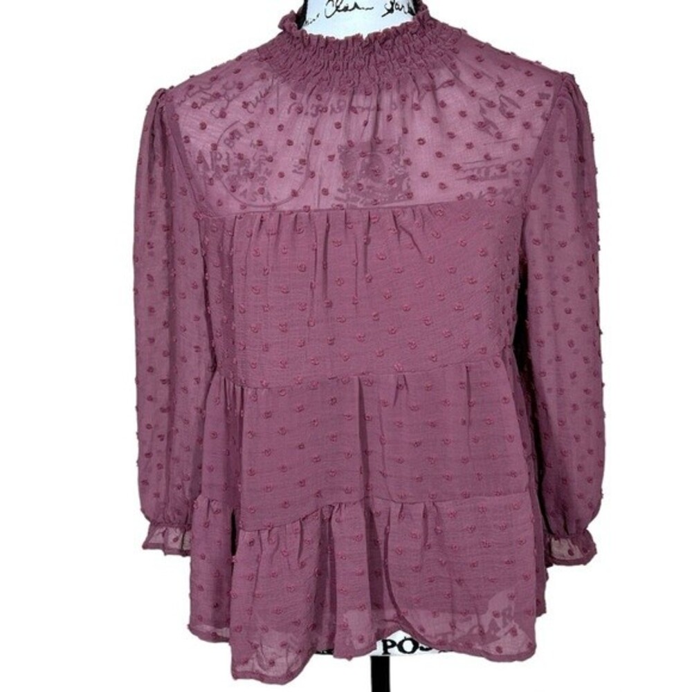 Monteau Maroon blouse women swiss dot long sleeve mock neck top size XL cottage